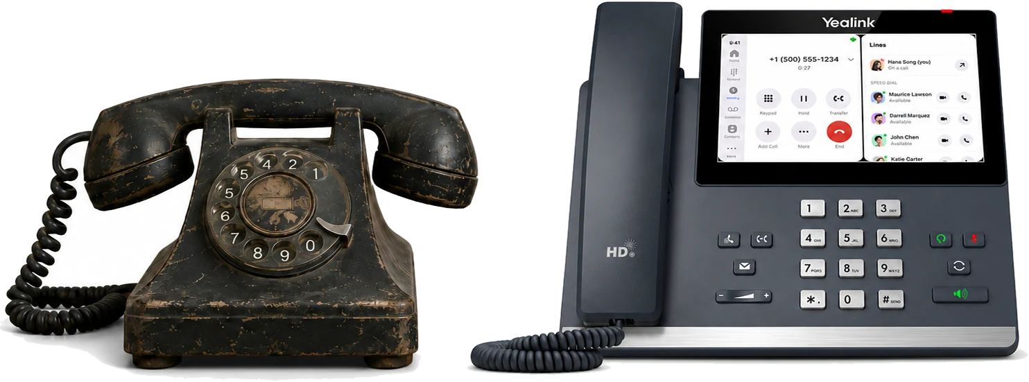 An old rotary desk phone beside a modern Yealink IP phone